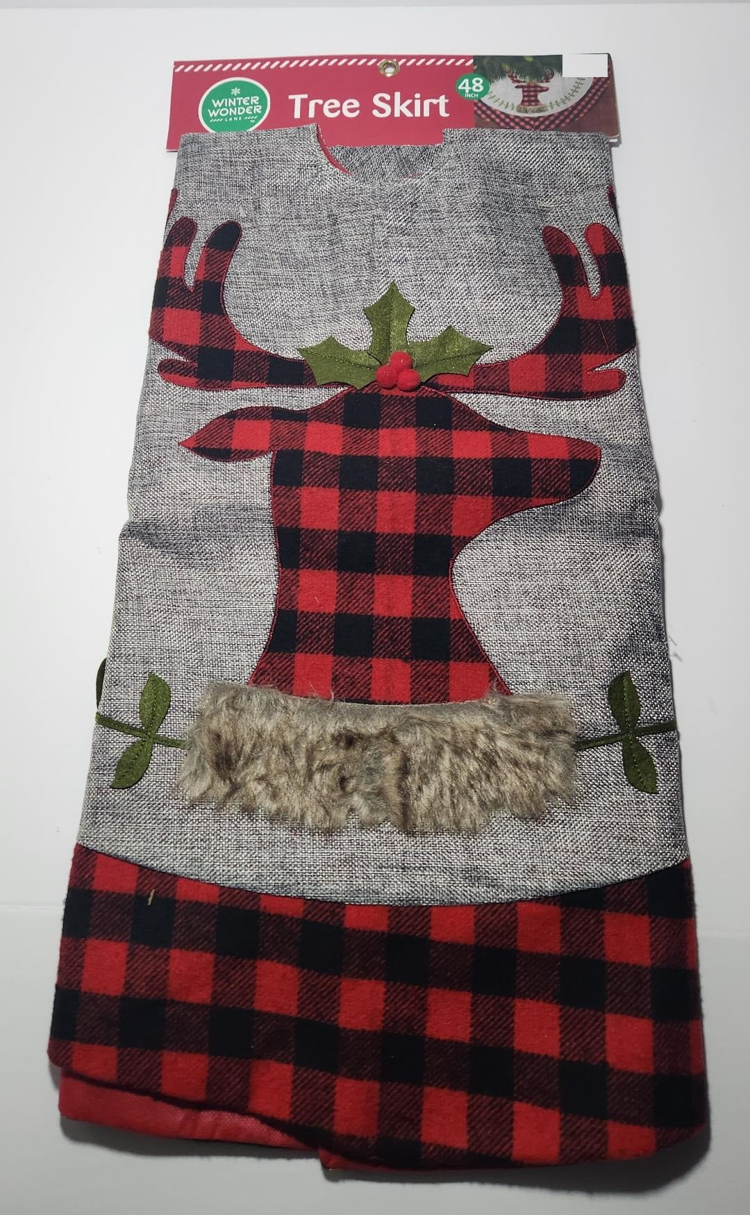 48 Inch Winter Wonder Lane Plaid Red and Grey Reindeer Deer Christmas Tree Skirt