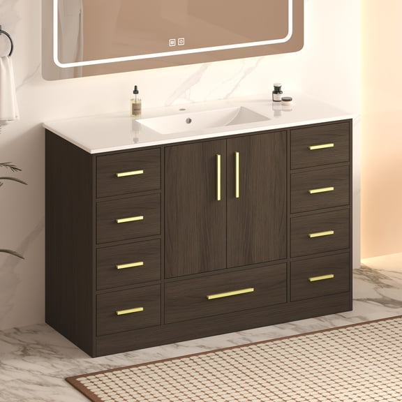 48 Inch Wood Bathroom Vanity with Sink, 9 Drawers, 2 Soft Close Doors, Storage, Dark Brown