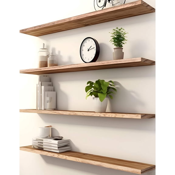 48 Inch Wood Floating Shelves for Wall, Wooden Wall Shelves for Bedroom, Set of 4 Light Brown