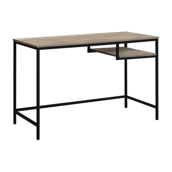 48 Inch Wood Grain Computer Desk with Floating Shelf and Black Metal Frame