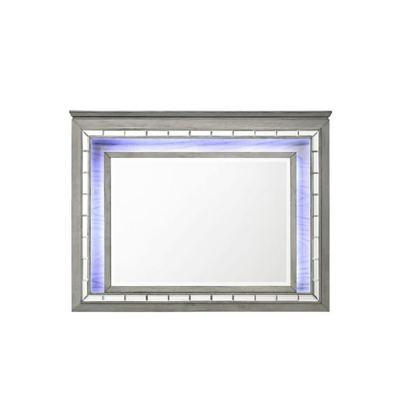 Benjara 48 Inch Wood Mirror, LED, Mirrored Trim, Landscape, Light Gray