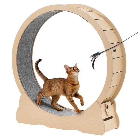 48 Inch Wooden Cat Exercise Wheel Indoor Cat Running Wheel for Cats up to 28 lbs with Carpeted Runway Locking Mechanism Quiet Roller Kitten Sport Toys for Pet Fitness Health
