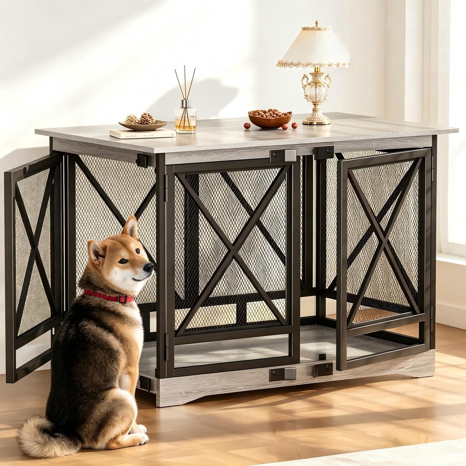 48 Inch Wooden Dog Crate Furniture, Double Door Anti-Chew Indoor Kennel ...