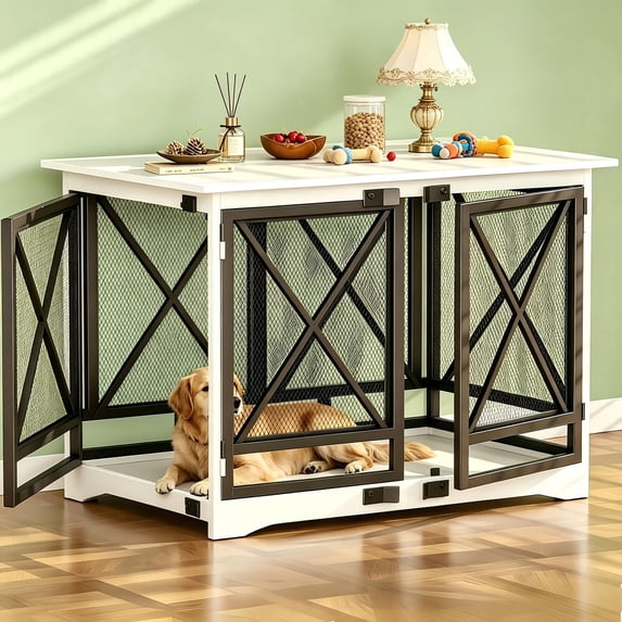 48 Inch Wooden Dog Crate Furniture, Double Door Anti-Chew Indoor Kennel ,Dog Side Table White