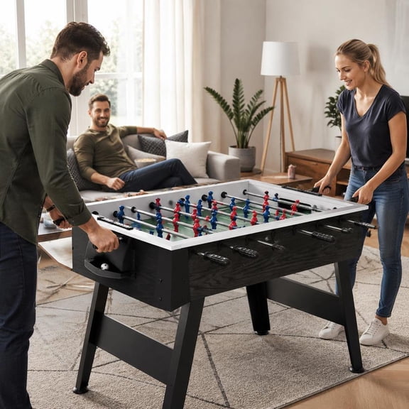 48 Inch Wooden Foosball Table, Black, Competition Size Home Recreation Game Table with Leg Levelers