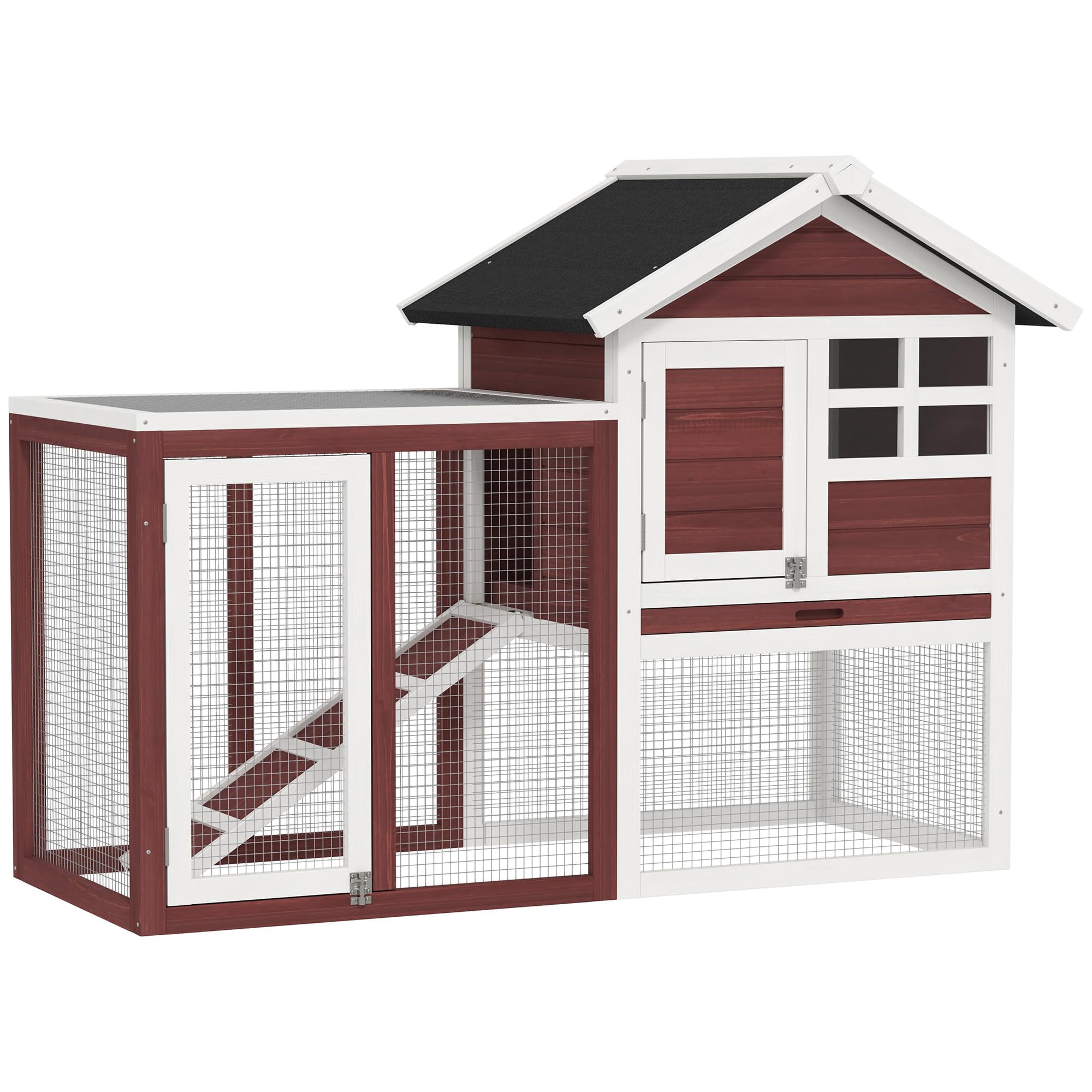 48 Inch Wooden Rabbit Hutch Bunny Cage with Waterproof Asphalt Roof, Outdoor Run for Rabbits, Removable Tray and Ramp, Easy Cleaning, Brown