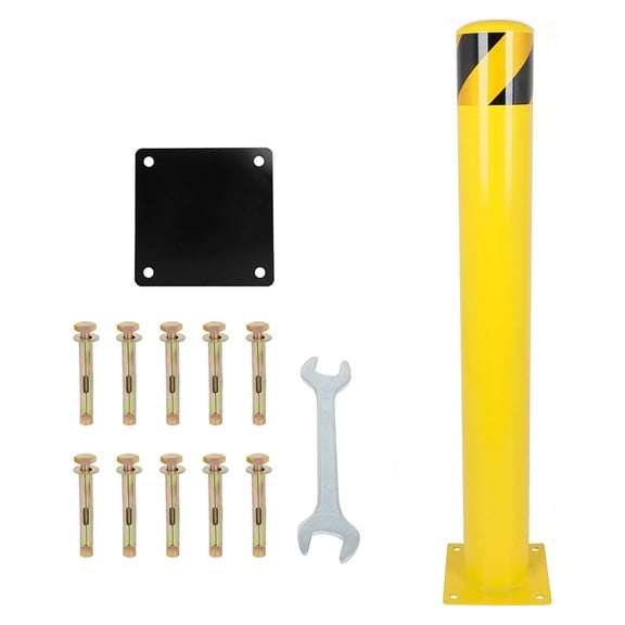 48-Inch Yellow Safety Bollard, 1-Pack Carbon Steel Security Post with Mounting Hardware, for Parking Lots and Traffic Control