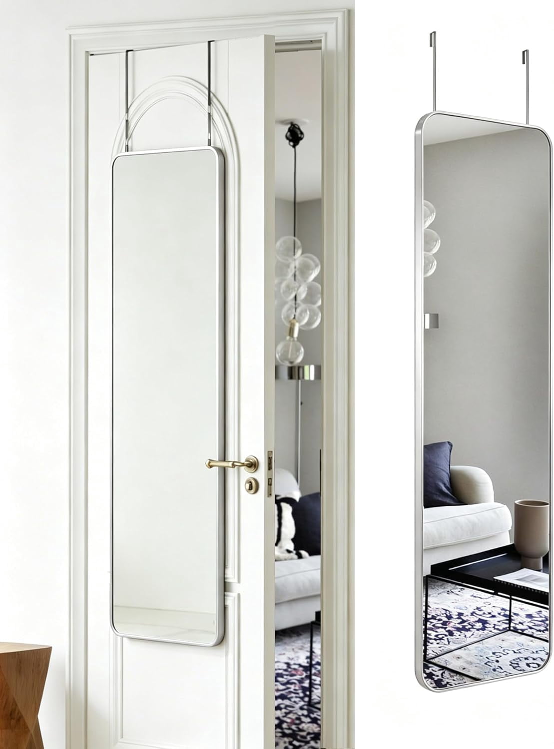 48 Inch by 14 Inch Rounded Rectangle Over the Door Mirror with Aluminum ...