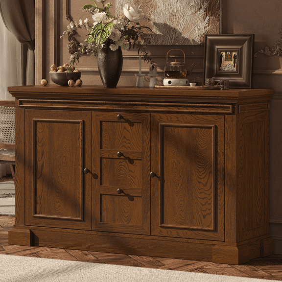 48 Inches Buffet Cabinet with Storage, 34" Tall Farmhouse Sideboard Buffet with 3 Drawers and 2 Doors, Rustic Wood Coffee Bar Cabinet with Adjustable Shelves,Credenza for Kitchen,Living Room, Brown