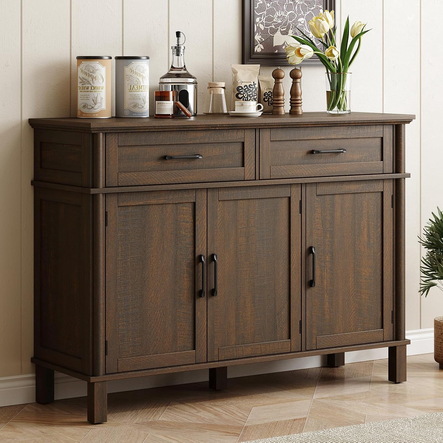 48 Inches Buffet Cabinet with Storage, Farmhouse Sideboard Buffet w/2 ...