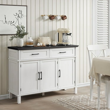 48 Inches Buffet Cabinet with Storage, Farmhouse Sideboard Buffet, with Adjustable Shelves, Off White&Black