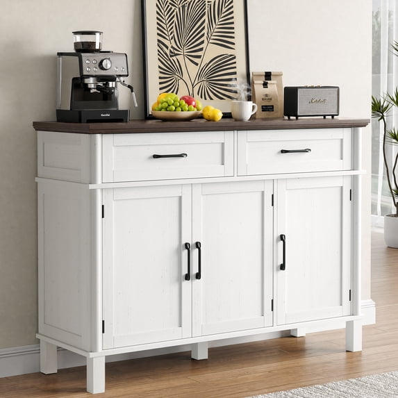 ROGALIS 48"Buffet Cabinet with Storage, Sideboard Cabinets with 2 Drawers and 3 Doors , Farmhouse Coffee Bar Cabinet with Adjustable Shelves for Living Room Dinning Room Kitchen,Wanut&White