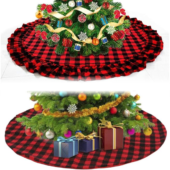 48 Inches Checked Burlap Christmas Tree Skirt, Red and Black Buffalo Plaid Ruffle Edge Border Xmas Tree Base Cover Mat Xmas Tree Skirt for Holiday Rustic Vintage Christmas