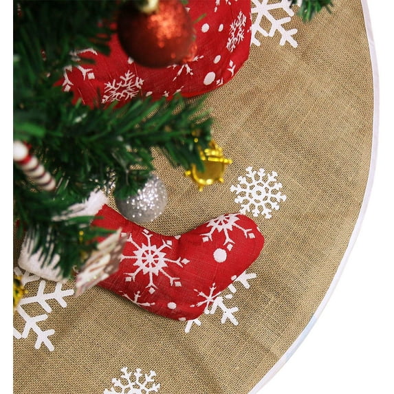 48 Inches Christmas Tree Skirt, Natural Burlap with Brown Color. Jute Hessian Material with Hand-Sewn White Laces and Snow Flakes Decoration. Cozy and Perfect for Displaying Presents. (48" Burlap)