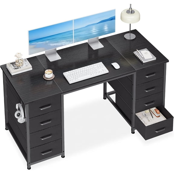 48 Inches Computer Desk with 8 Fabric Drawers, Modern Office Desk with Large Storage for Home Office, Study, Black