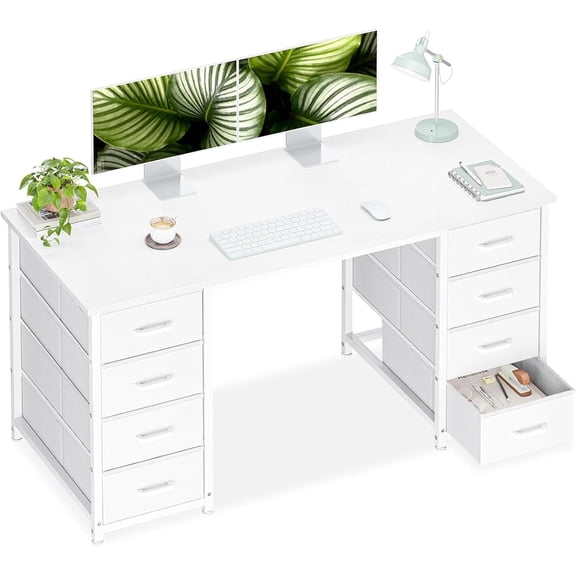 48 Inches Computer Desk with 8 Fabric Drawers, Modern Office Desk with Large Storage for Home Office, Study, White