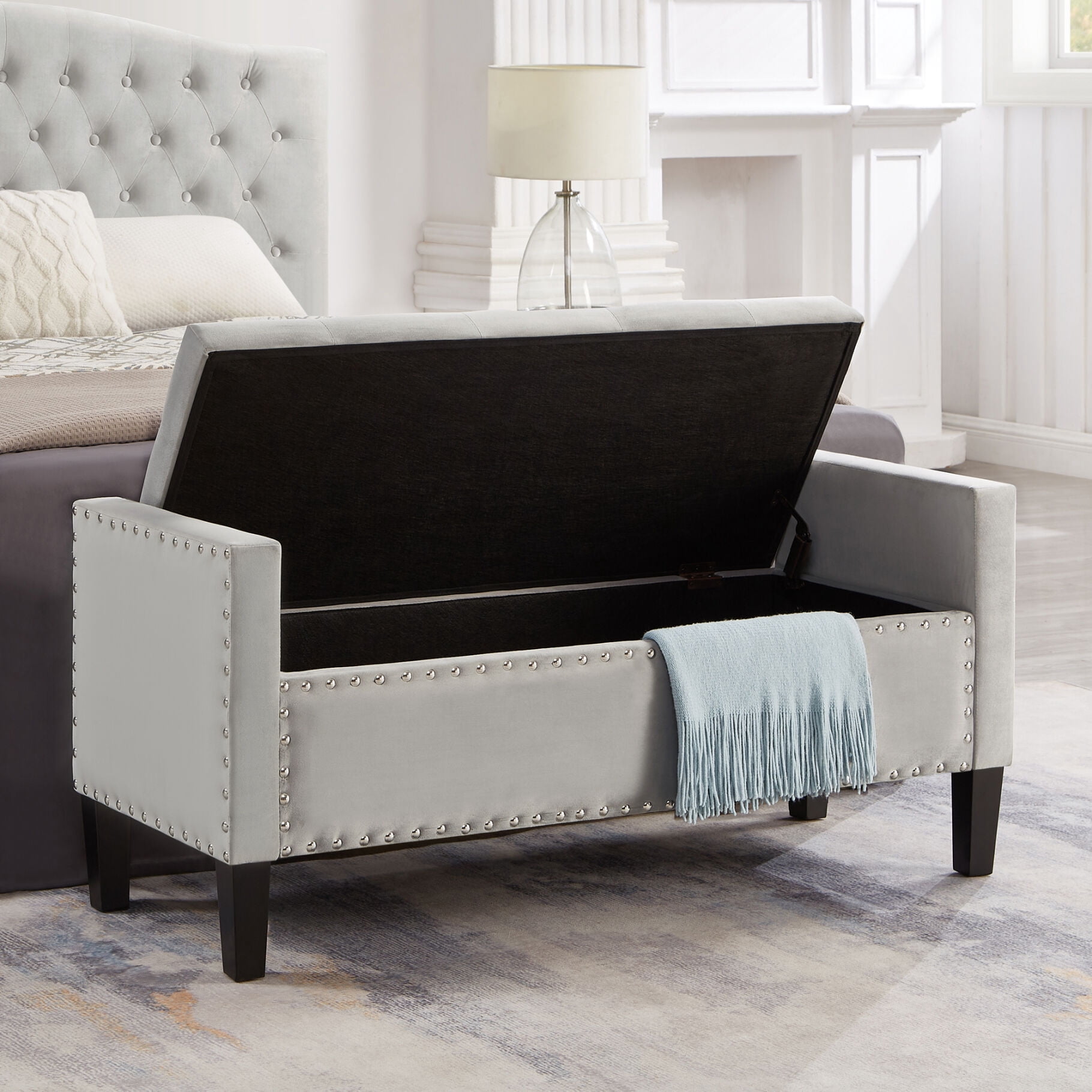 48 Inches Folding Bench, Upholstered Tufted Button Storage Chest with ...