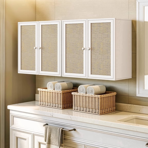 48 Inches Laundry Room Wall Cabinets Bathroom Cabinets Wall Mounted with Adjustable Shelves, Rattan Wall Cabinet for Bedroom, Kitchen, Bathroom
