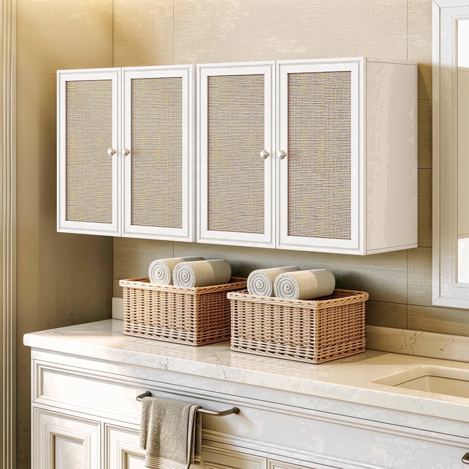 48 Inches Laundry Room Wall Cabinets Bathroom Cabinets Wall Mounted with Adjustable Shelves, Rattan Wall Cabinet for Bedroom, Kitchen, Bathroom