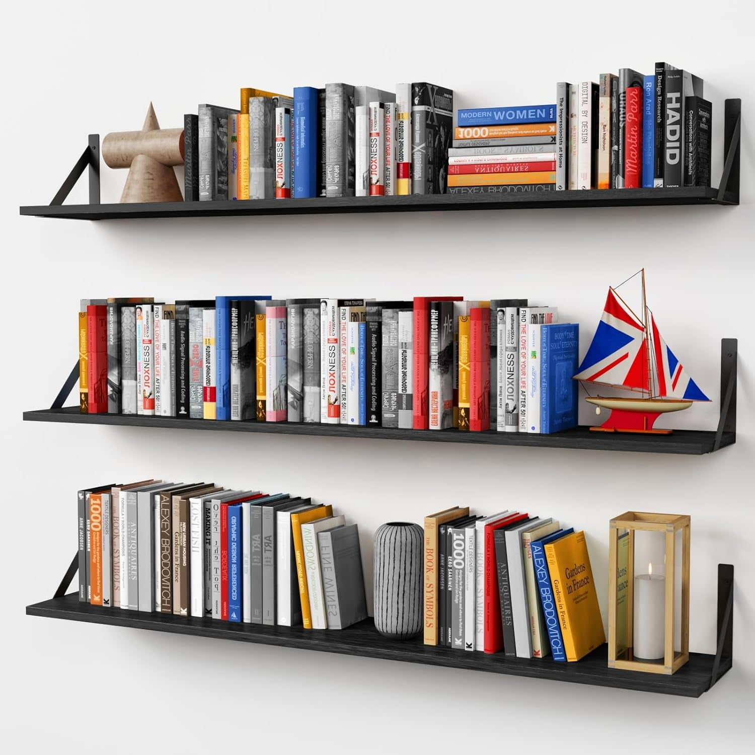 48 Inches Long Floating Book Shelves for Wall Set of 3, Black Wall ...