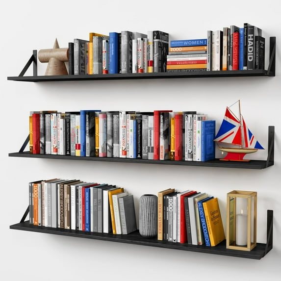 48 Inches Long Floating Book Shelves for Wall Set of 3, Black Wall Bookshelves for Living Room, Large Heavy Duty Wood Wall Mounted Hanging Bookshelf for Bedroom Office Library Classroom