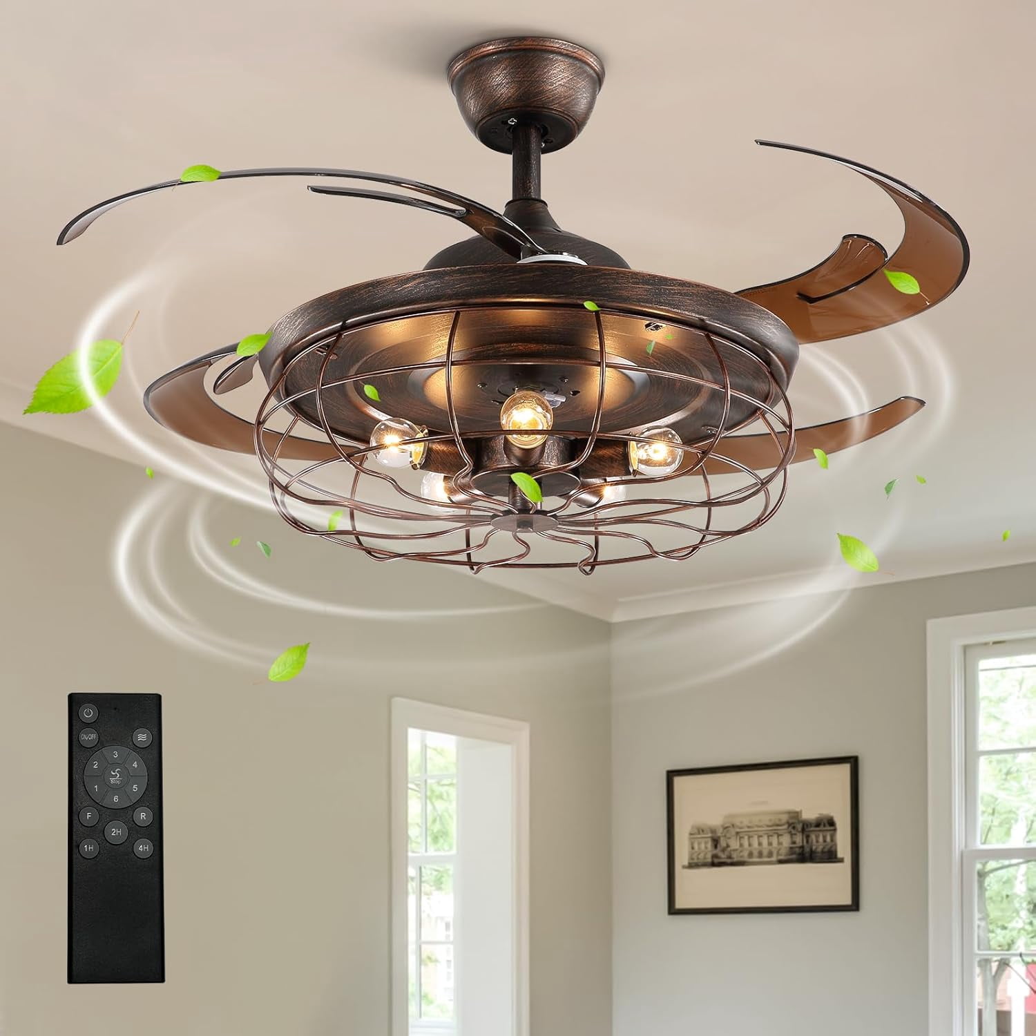 48 Inches Retractable Caged Ceiling Fan with Lights, Reverse Industrial ...