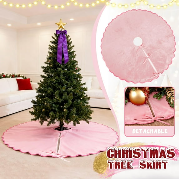 48 Inches Ruffled Velvet Christmas Tree Skirt with Bow, Large Luxury Neutral Color Xmas Tree Skirt Mat for Christmas & New Year Holiday Home Party Decorations(Pink)