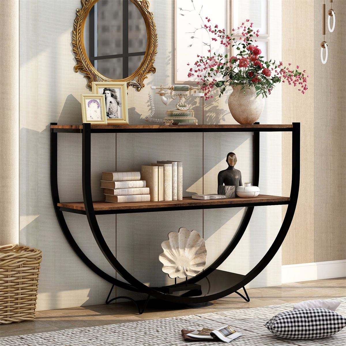 48 Inches Rustic Style Console Table 2-Tier Sofa Table for Entryway ...