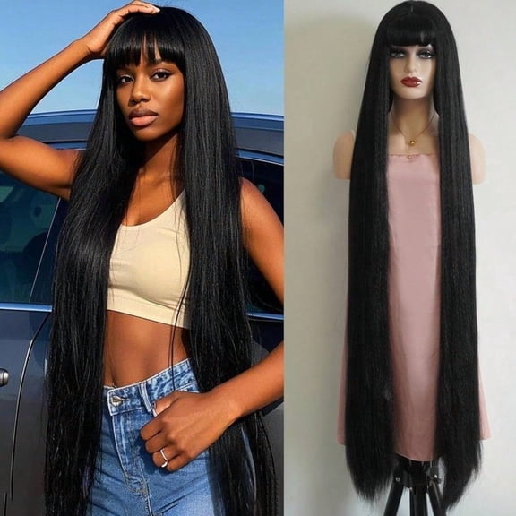 48 Inches Surper Long Straight Wig For Women Flat Bangs Soft Yaki Kinky Wigs For Daily Party Halloween Christmas Cosplay Wig Synthetic Hair Black 120CM