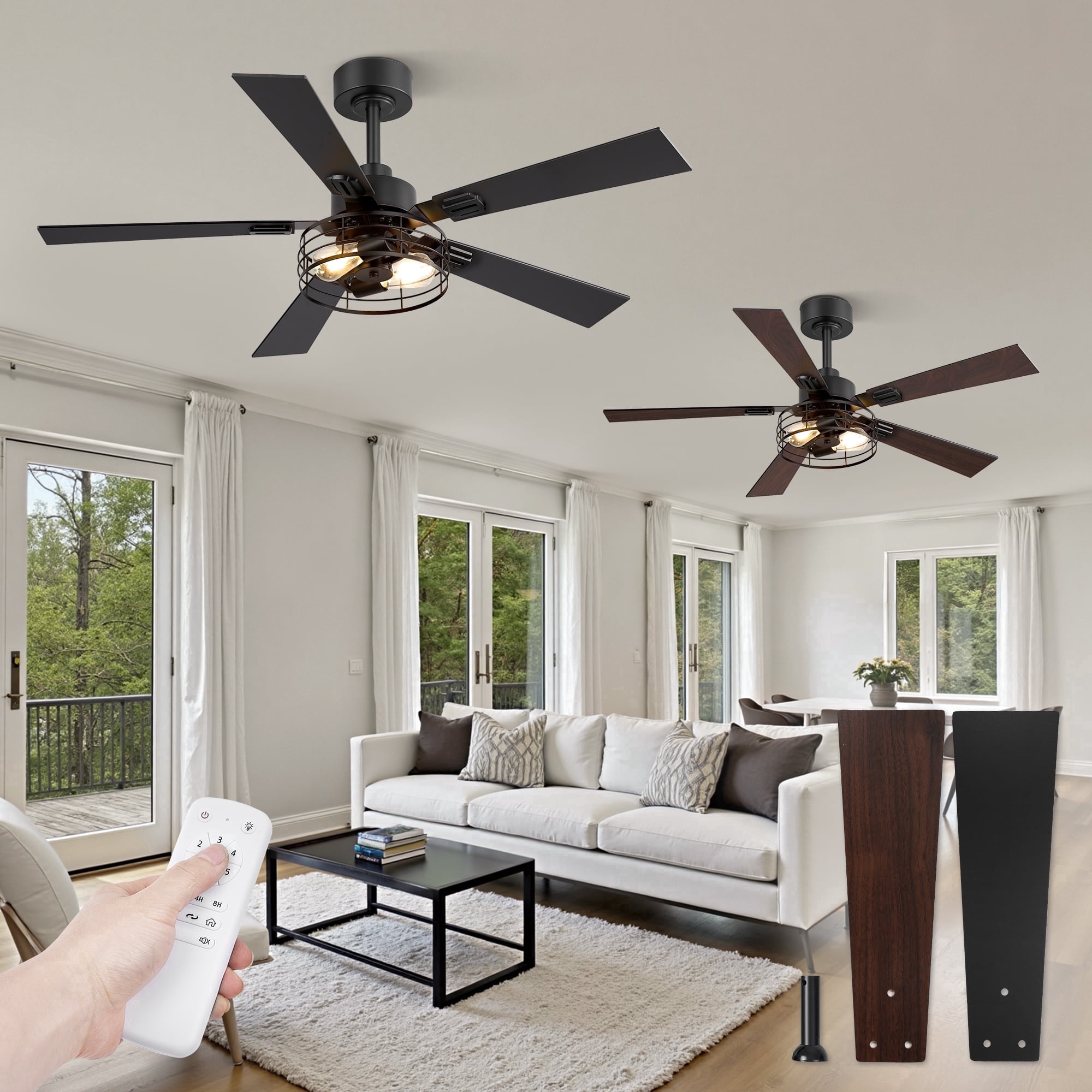 Lokivas 48" 2 Pack Caged Farmhouse Ceiling Fan with Lights, 6-Speed Reversible DC Motor, Double-Sided Blades, Black
