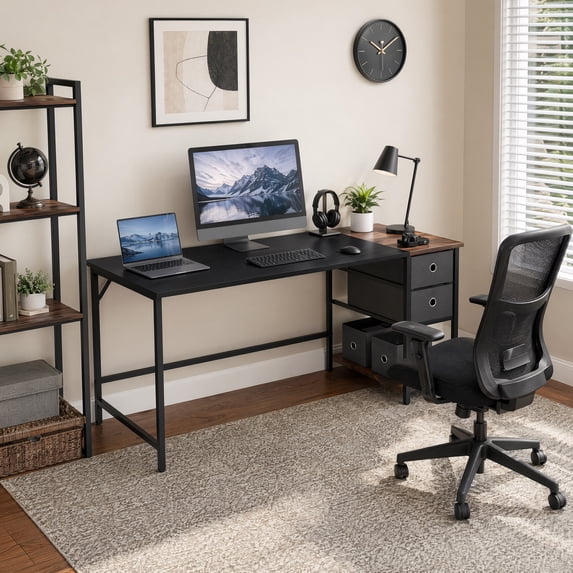48" Industrial Computer Desk with Storage Shelves & 2 Fabric Drawers , Home Office Desk Study Writing Desk,Black