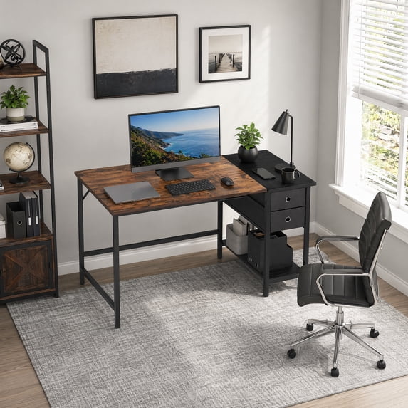 48" Industrial Computer Desk with Storage Shelves & 2 Fabric Drawers , Home Office Desk Study Writing Desk,Rustic Brown