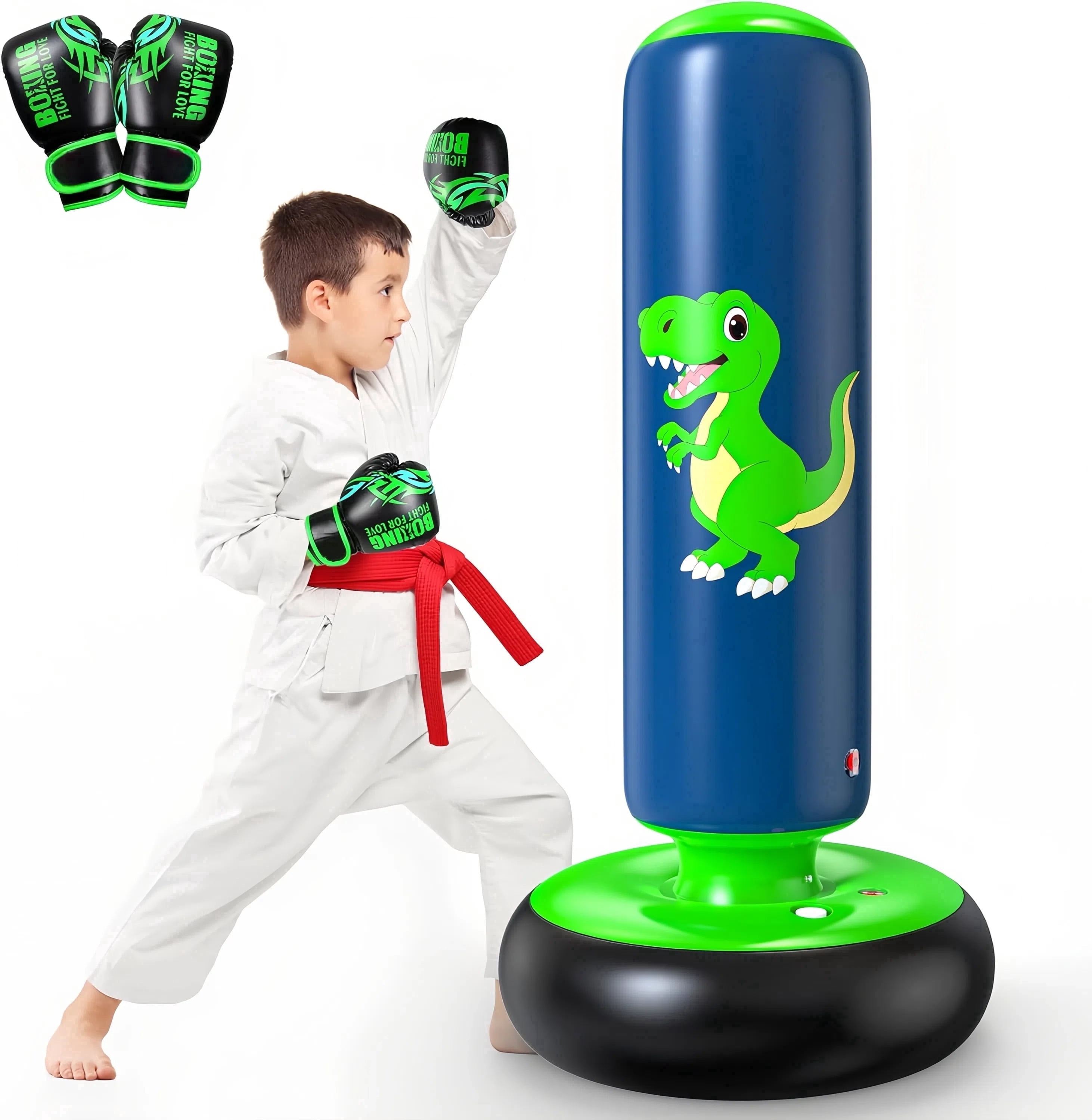 48" Inflatable Punching Bag for Kids, Lava Green Dinosaur with Blue Pillar, Dinosaur Bop Bag for Boys & Girls Ages 3-8
