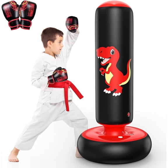 48" Inflatable Punching Bag for Kids, Lava Red Dinosaur with Black Pillar, Dinosaur Bop Bag for Boys & Girls Ages 3-8