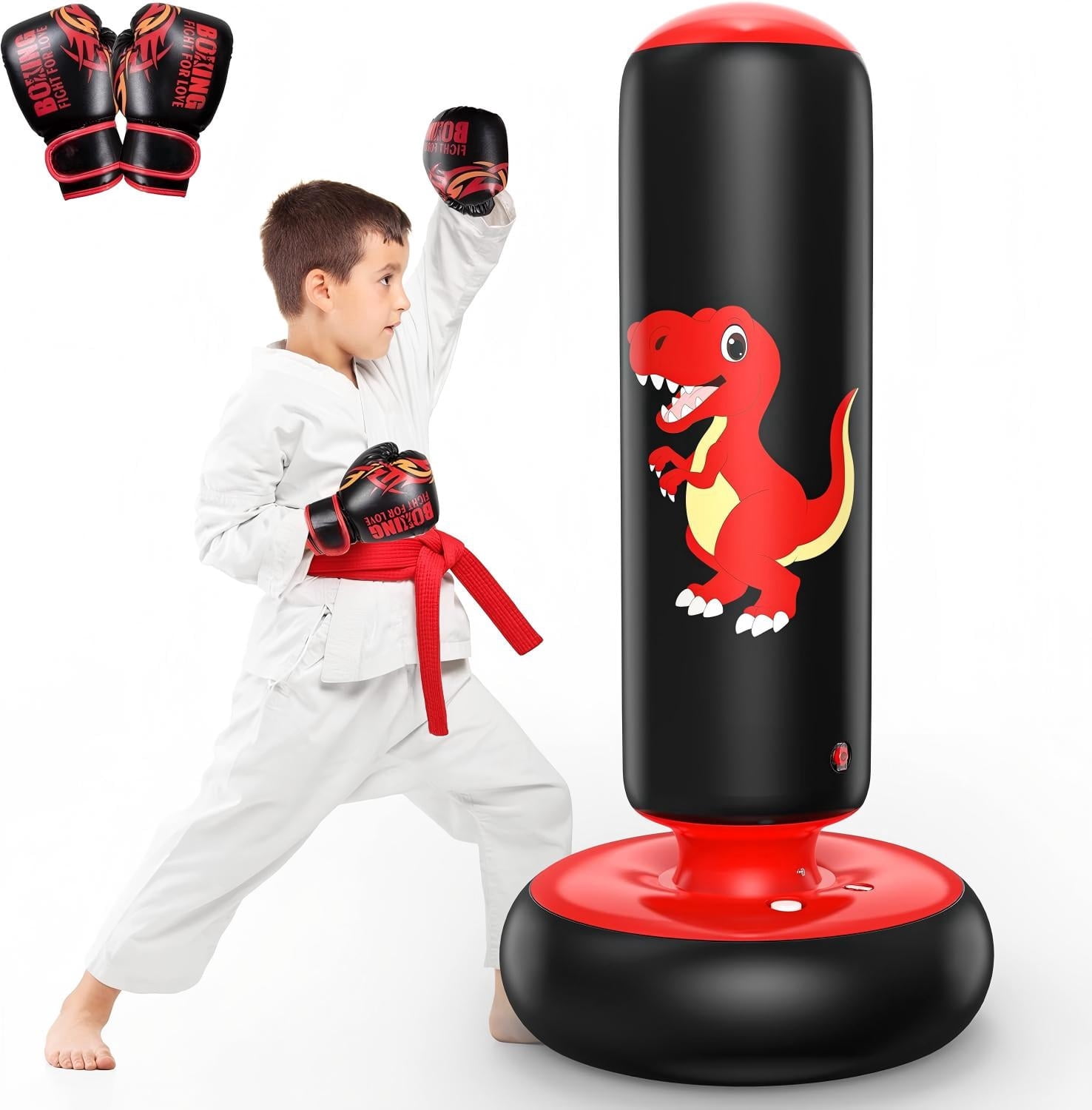 48" Inflatable Punching Bag for Kids, Lava Red Dinosaur with Black Pillar, Dinosaur Bop Bag for Boys & Girls Ages 3-8