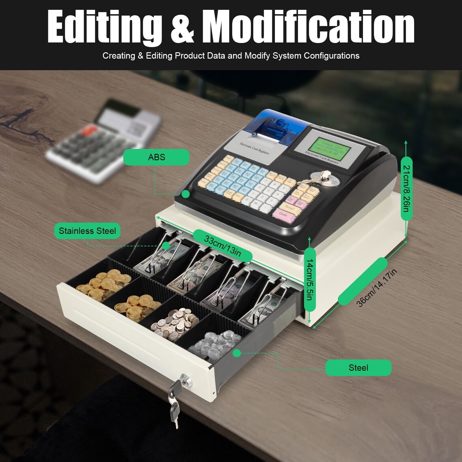 48 Keys Electronic Cash Register with Cash Drawer POS System LED