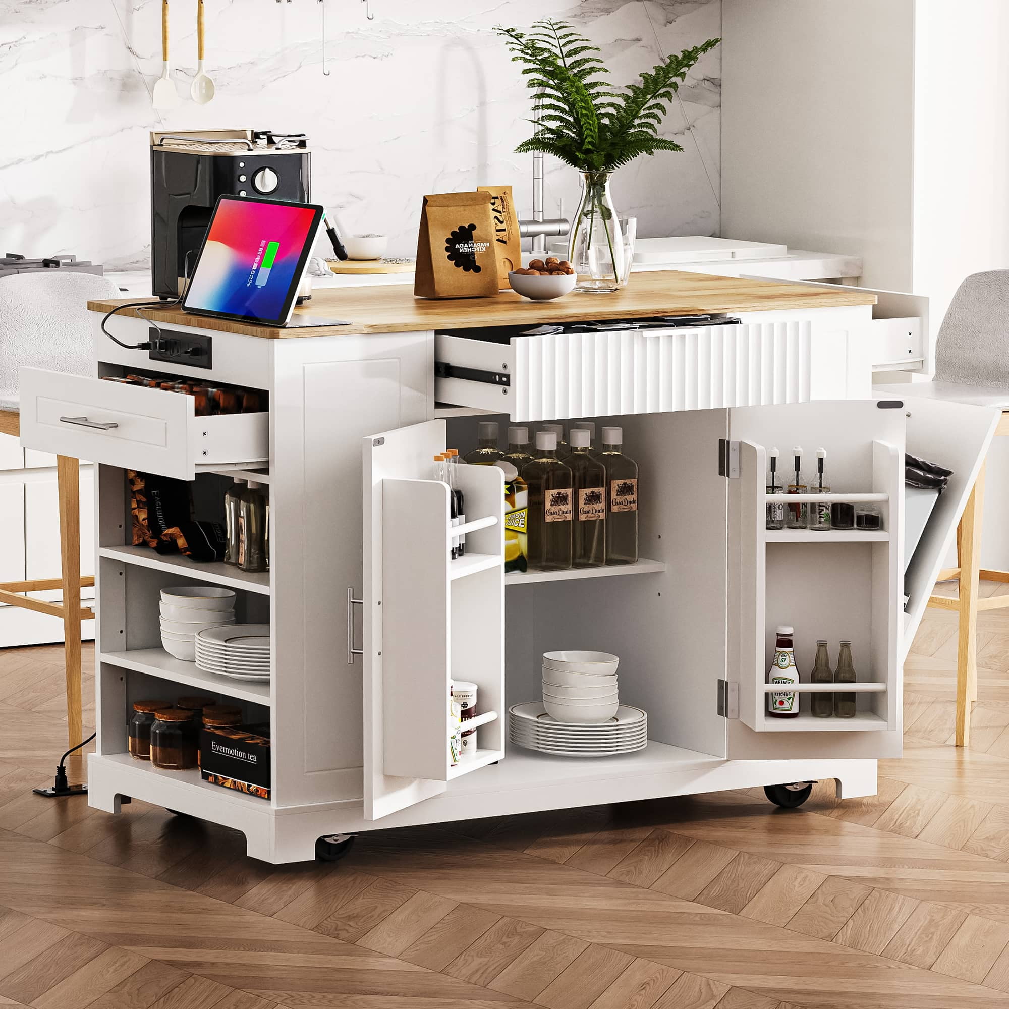Garbage Mobile Rack 48'' Kitchen Island with Trash Can Storage Cabinet, Power Outlet ...