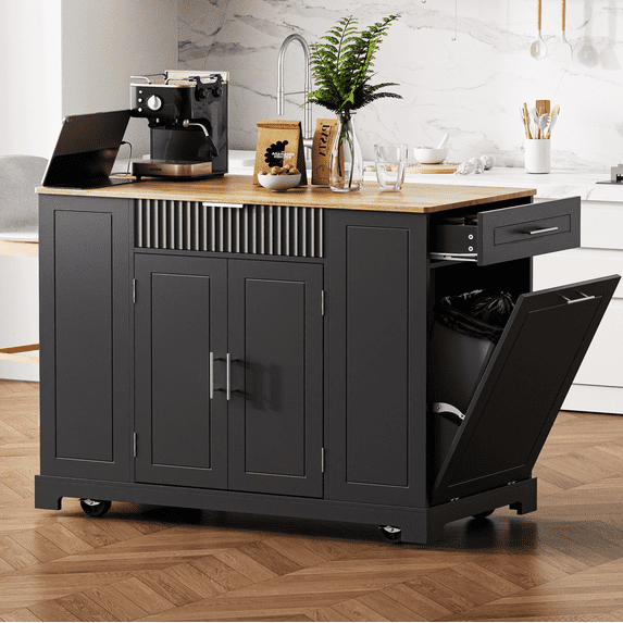 48" Kitchen Island with Trash Can Storage Cabinet, Rolling Kitchen Island Cart with Power Outlet, 3 Drawers, 3 Open Side Racks for 10 Gallon Garbage Bin, Black