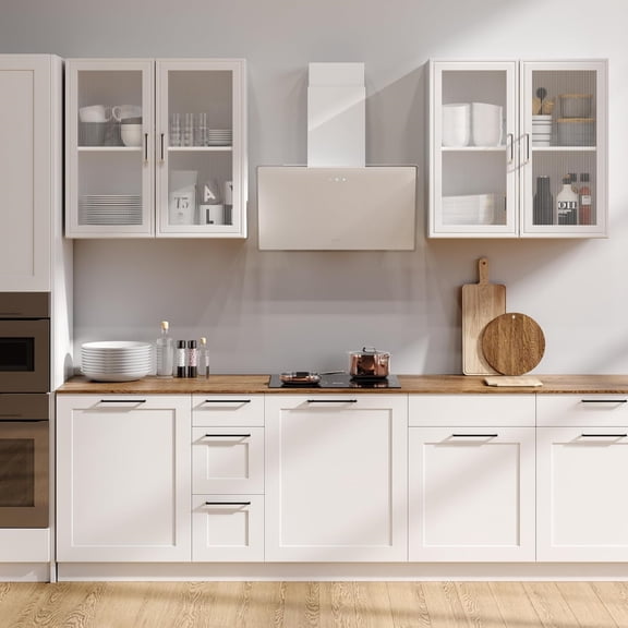 48" Kitchen Wall Cabinets 4 Doors - Laundry Upper Wall Amount Storage Cabinets with Acrylic Soft Glass Doors, in White, One Set of 2 Pieces