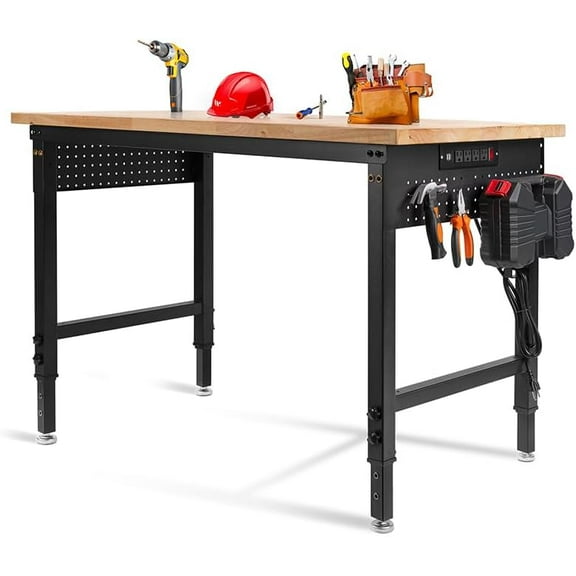 48" L×24”W Adjustable Workbench, 28”-40”Heights Heavy Duty Table 2000 LBS Load Capacity, Work  with Power Outlet & Pegboard, Rubber Wood Work Table for Garage, Office, Workshop, Home