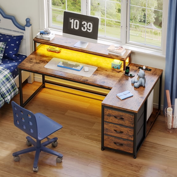 Romorgniz L-Shaped Computer Desk with 3 Drawers, LED Lights & Monitor Stand 48" Office Desk with Power Outlet for Small Space, Corner, Brown