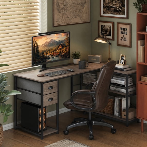 48" L Shaped Office Desk Charging Station & 2 Fabric Drawers, Corner Computer Desk with Open Shelf for Home Office Gaming, Oak