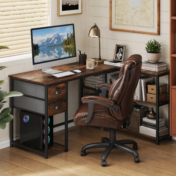 48" L Shaped Office Desk Charging Station & 2 Fabric Drawers, Corner Computer Desk with Open Shelf for Home Office Gaming, Rustic Brown