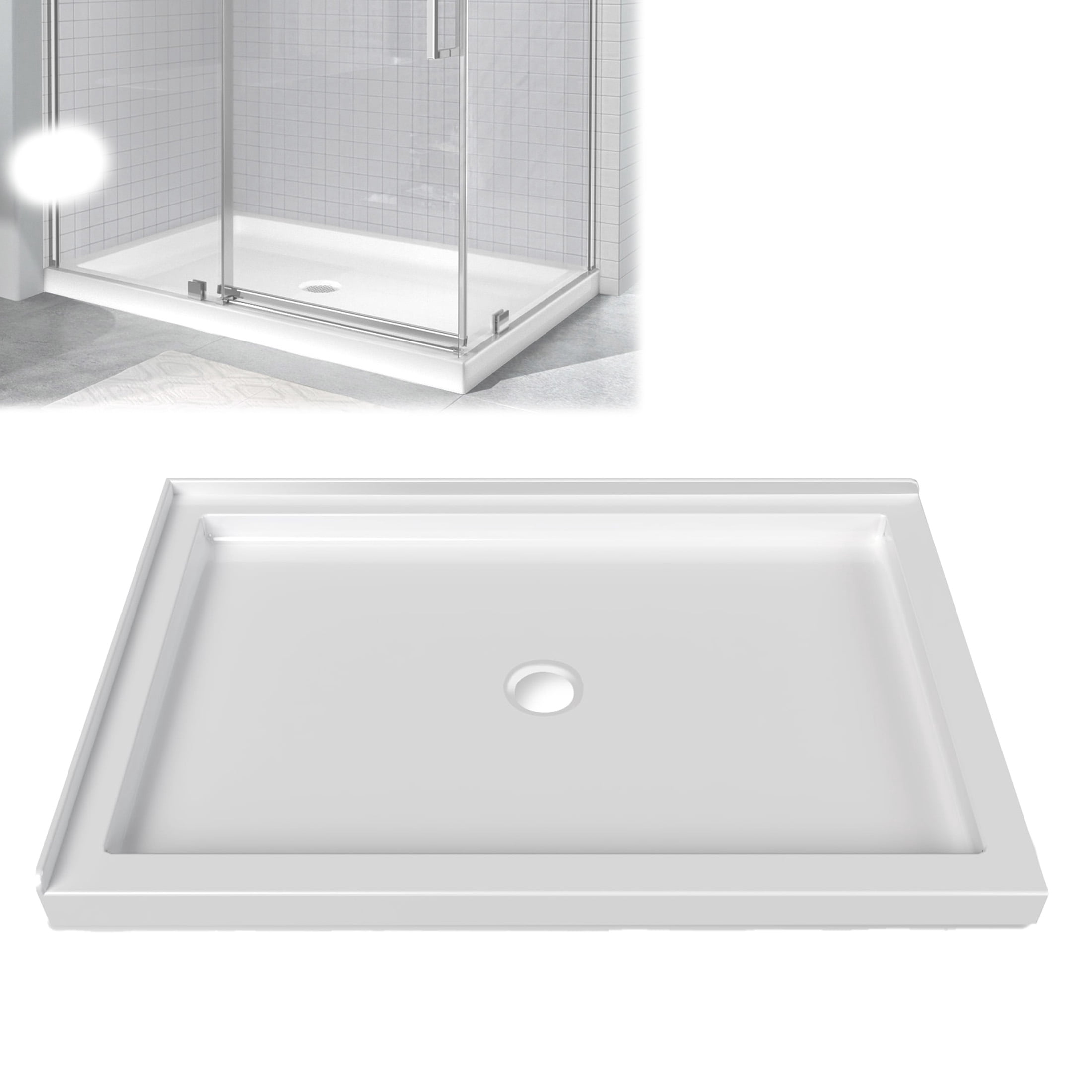 48" L x 32" W Shower Base, Center Drain Shower Pan, White Single ...