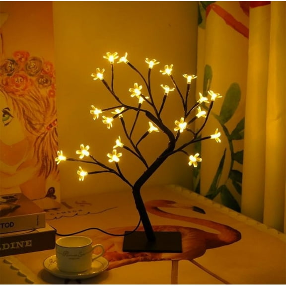 48 LED Bonsai Tree Light Warm White Branch Potted Night Light, 0.52m Height DIY Bendable Branches, Clear Flower Design Stable Iron Base, Battery Powered For Home Bedroom Office Christmas Party Decor