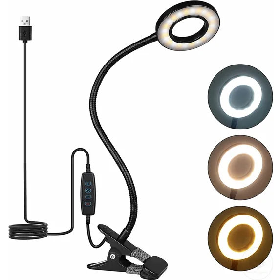 48 LED USB Book Light Clip Desk Lamp Reading Light with 3 Color Mode 10 Brightness Dimmer 360° Flexible Gooseneck Bed Night Lamp (Black)