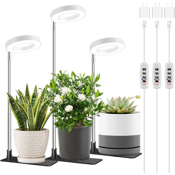 48 LEDs Full Spectrum Grow Lights for Indoor Plants, Height Adjustable Small Halo Grow Light with Base, 3 Optional Spectrums, Auto Timer 3/9/12Hrs, 10 Brightness