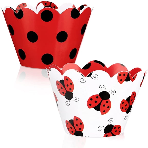 48 Ladybug Pattern Cupcake Wrappers - Reversible Dot Cake Wraps for Kids Birthday Party & Baby Shower