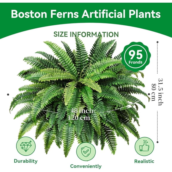 48" Large Artificial Ferns Plants for Outdoors Indoors, Resistant 95Branches Faux Boston Fern Bush for Front Porch Decor,Large Hanging Fake Fern Plant Greenery for Entrance Garden Planter Home Decor