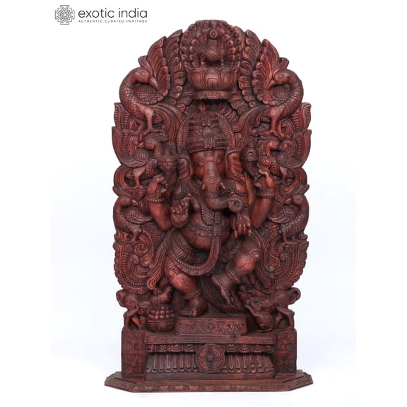 48" Large Dancing Lord Ganesha with Beautiful Peacocks Arch | Wood Carving